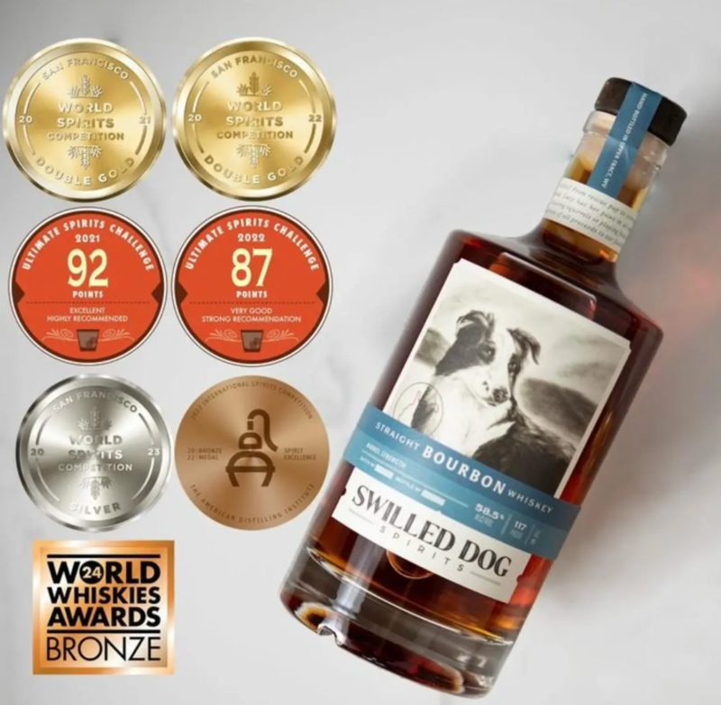 Swilled Dog Straight Bourbon Whiskey - Double Gold; Silver; Bronze; Points/Recommendation ratings - San Francisco World Spirits Competition; Ultimate Spirits Challenge; World Whiskies Awards; (American) Distilling Institute International Spirits Competition - San Francisco (USA)