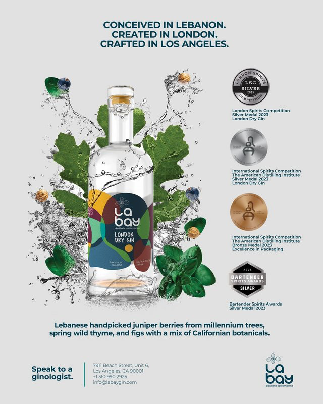 LA bay London Dry Gin - Silver; Silver; Bronze; Silver - London Spirits Competition; International Spirits Competition (The American Distilling Institute); International Spirits Competition (The American Distilling Institute); Bartender Spirits Awards - Lebanon; London; Los Angeles - 2023