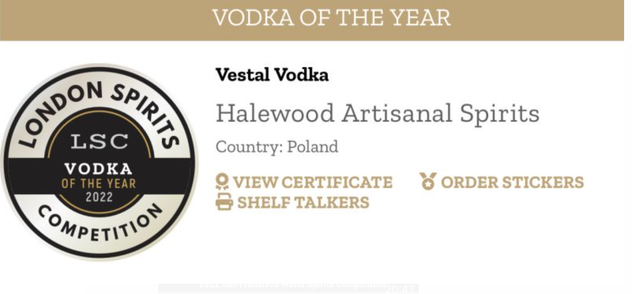 Vestal Vodka - Vodka of the Year - London Spirits Competition - Poland - 2022