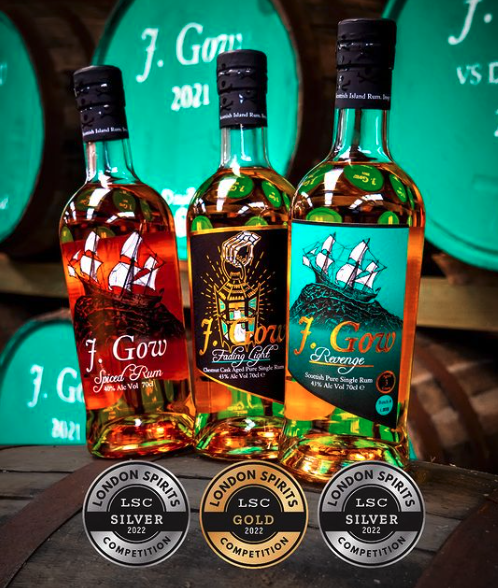 J. Gow Spiced Rum (and also shown: J. Gow Trading Light; J. Gow Revenge) - Silver (2022) and Gold (2022) - London Spirits Competition (LSC) - 2022