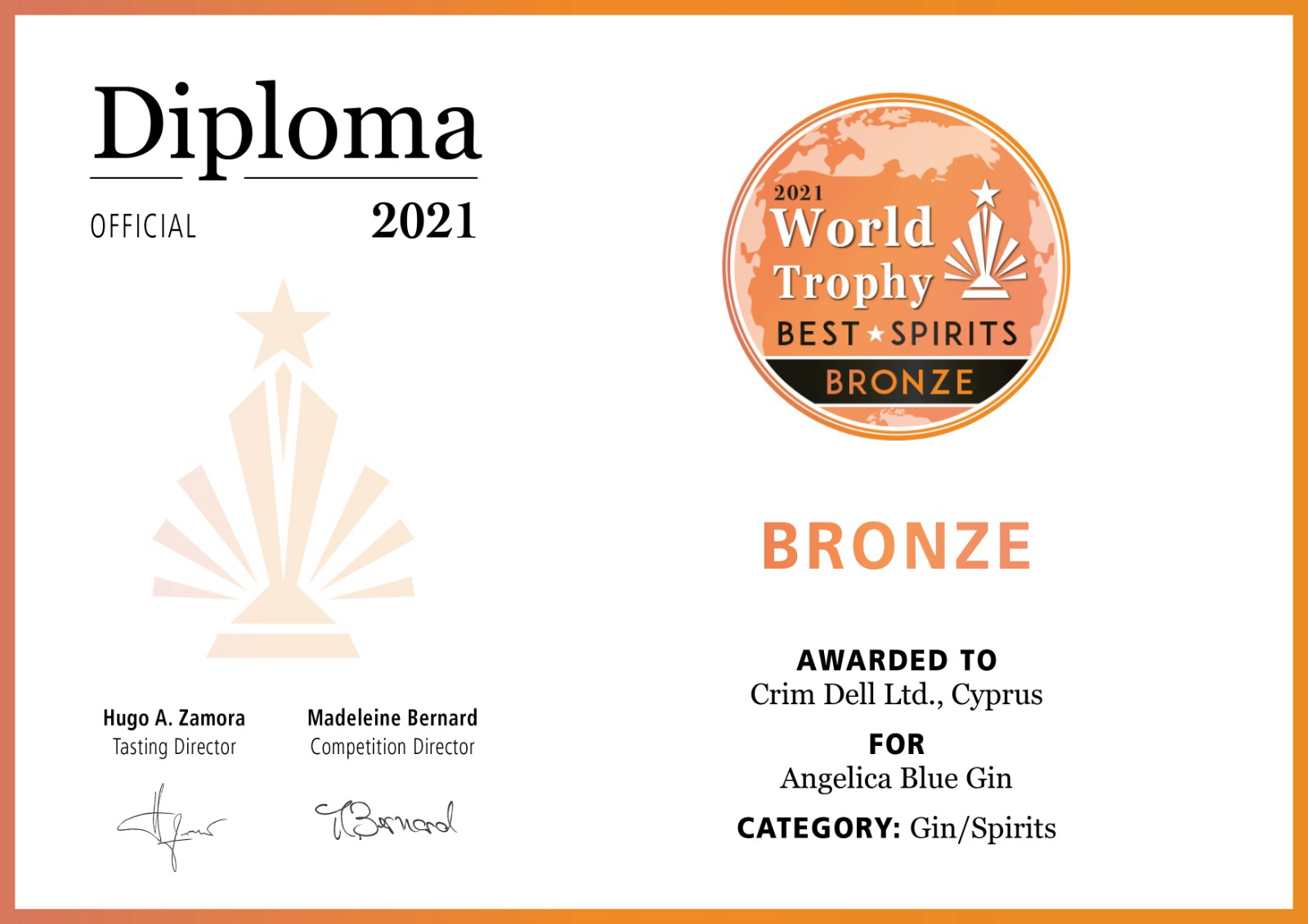 Angelica Blue Gin - Bronze - World Trophy Best Spirits - Cyprus - 2021