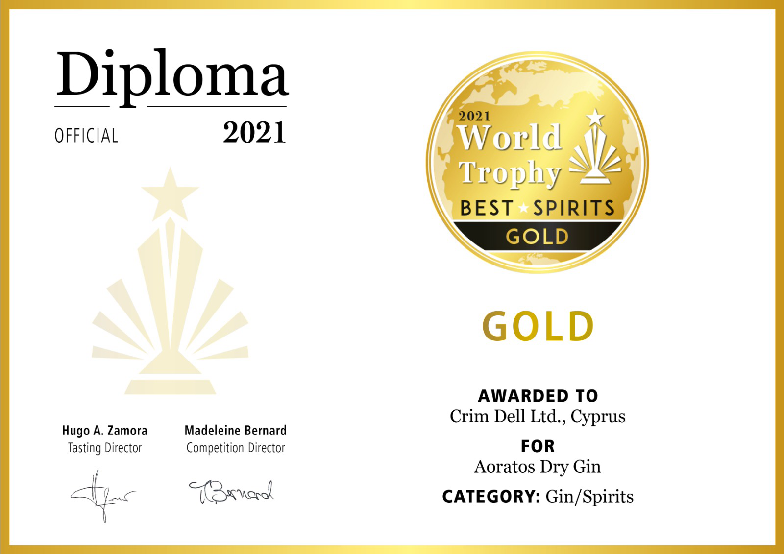 Aoratos Dry Gin - Gold - World Trophy Best Spirits - Cyprus - 2021