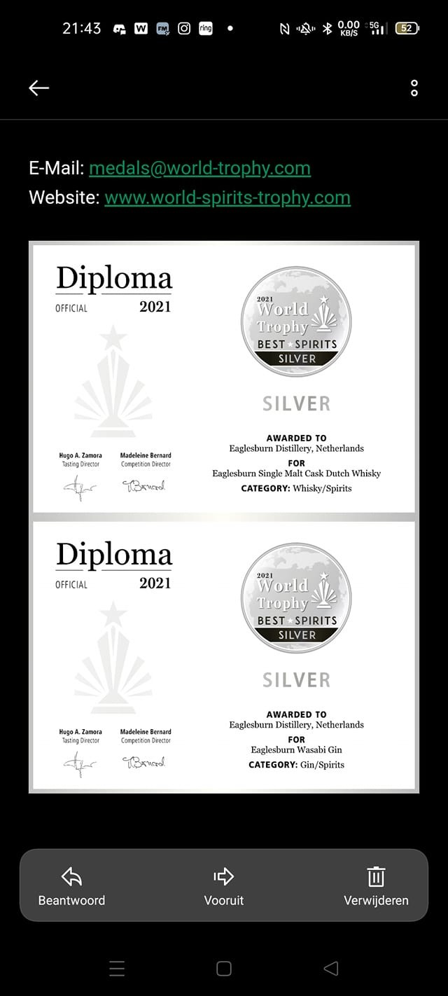 Eaglesburn Single Malt Cask Dutch Whisky - Silver - World Trophy (Best Spirits) - Netherlands - 2021