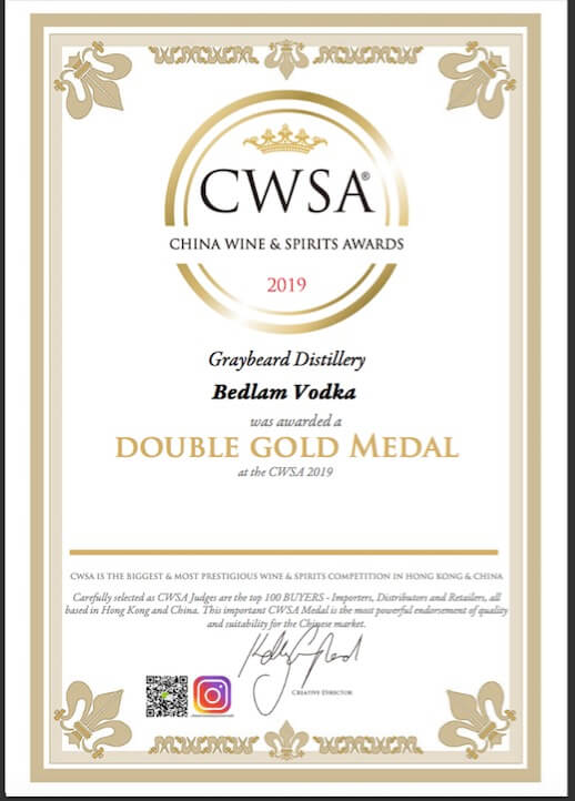 Bedlam Vodka - Double Gold - CWSA (China Wine & Spirits Awards) - Hong Kong & China - 2019