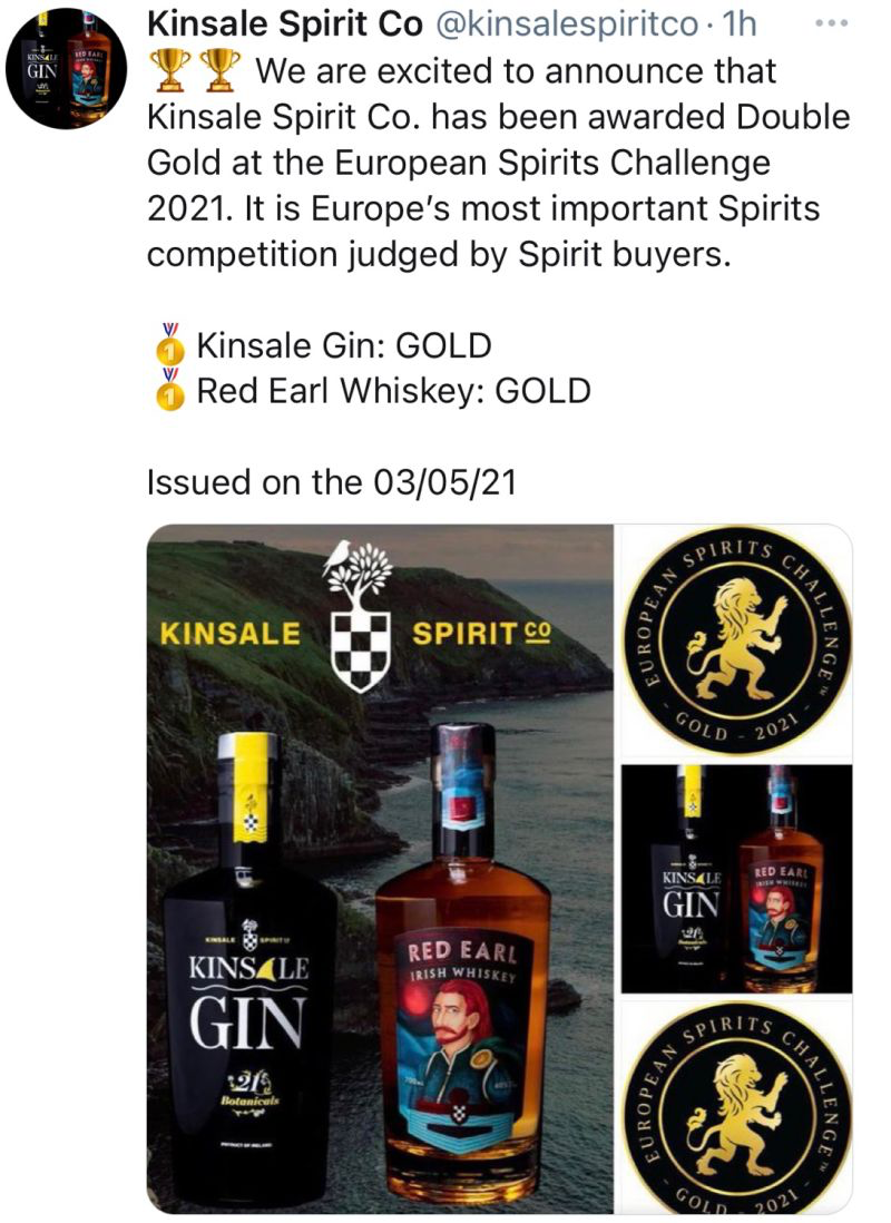 Kinsale Gin / Red Earl Whiskey - Gold; Double Gold - European Spirits Challenge - Europe - 2021