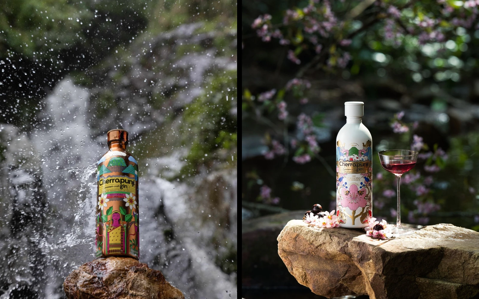 Cherrapunji’s original gin beside a waterfall and its Sohiong expression with a cocktail among cherry blossoms.