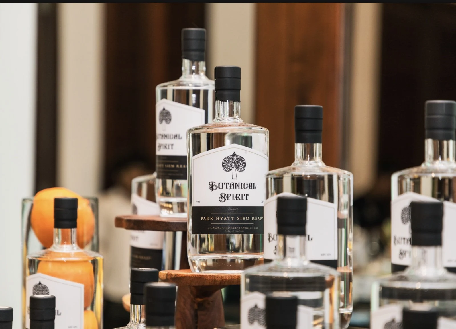 Bespoke botanical spirit bottles made by Seekers for Park Hyatt Siem Reap.