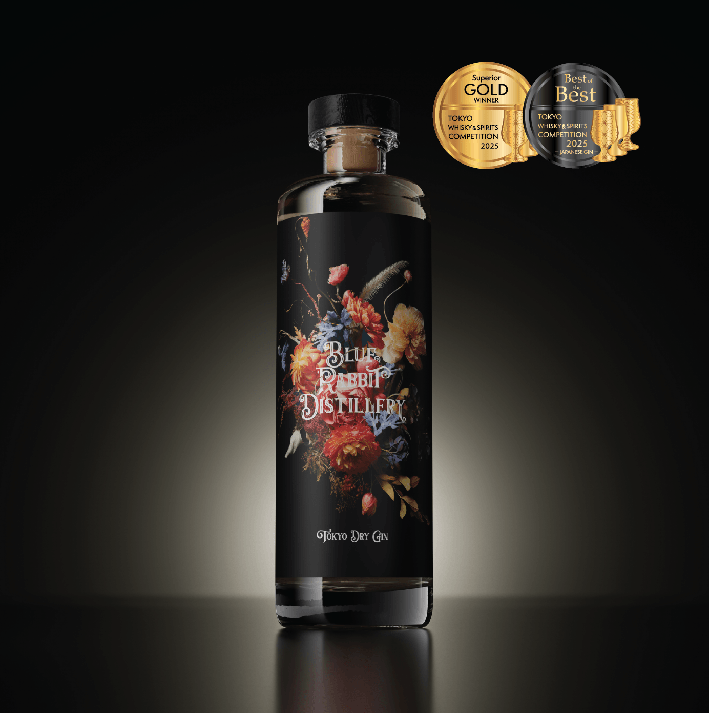 Blue Rabbit Distillery Tokyo Dry Gin bottle with Tokyo Whisky and Spirits Competition medals.
