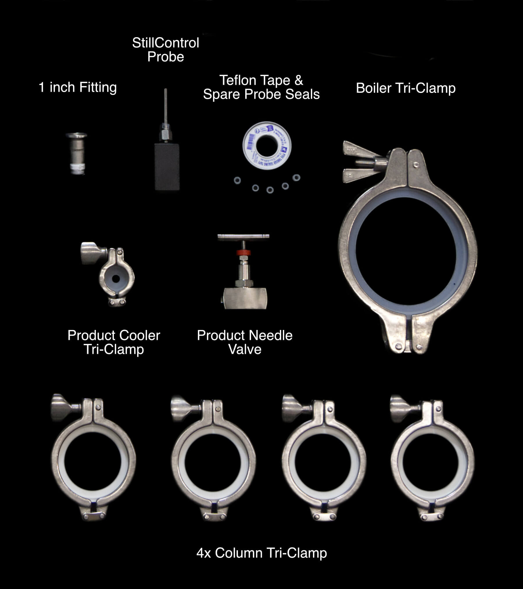 iStill Mini accessories and fittings laid out on a black background