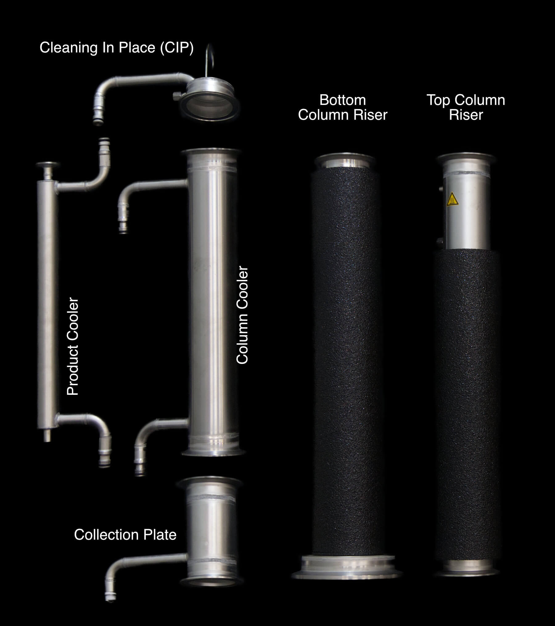 iStill Mini column and cooler parts laid out on a black background
