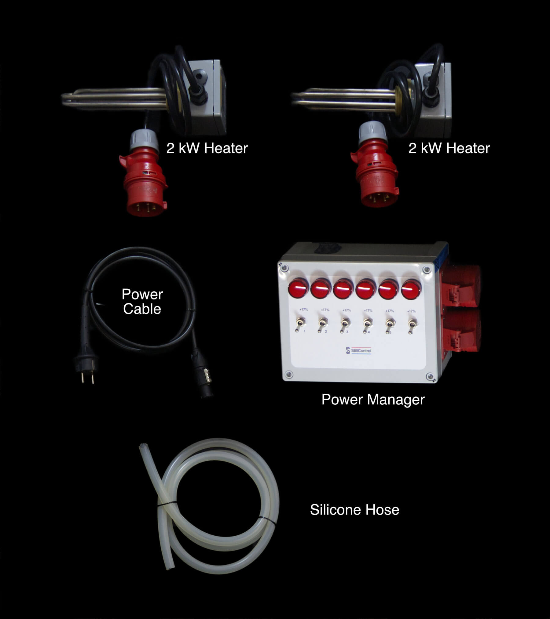 iStill Mini electrical parts and heaters laid out on a black background
