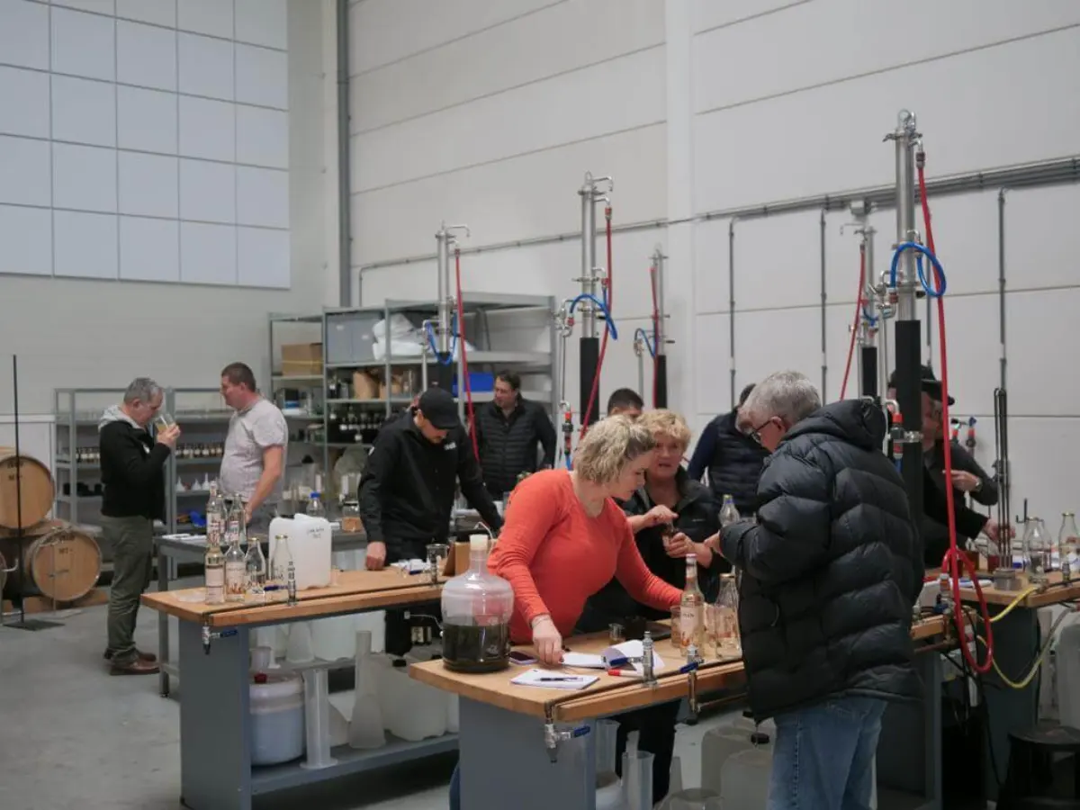 Participants working with distillation samples and lab equipment during an iStill course.