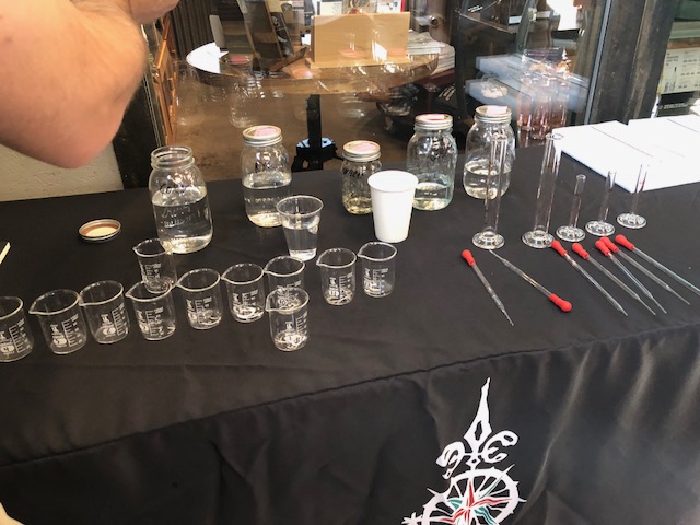 The tasting table at a hands-on whisky workshop.