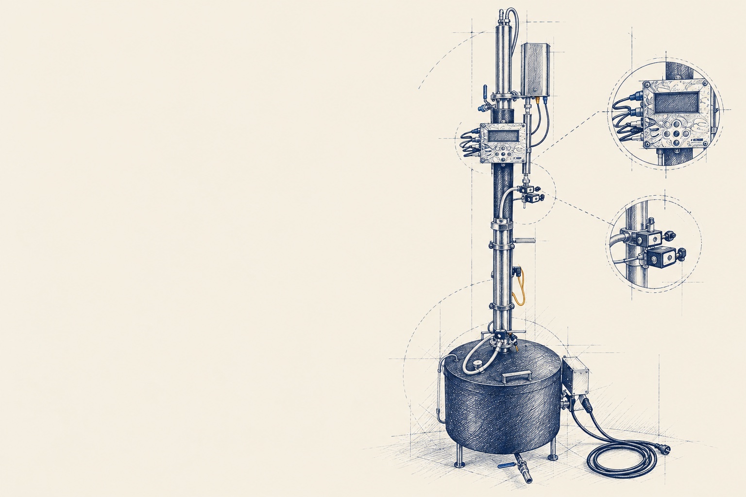 Ink drawing of the original iStill 50, including the small controller and tall column