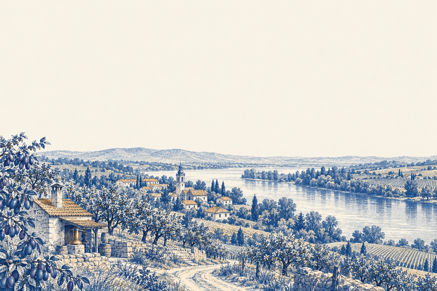 An illustrated Hungarian village and plum orchards, where Odin’s curiosity about pálinka began