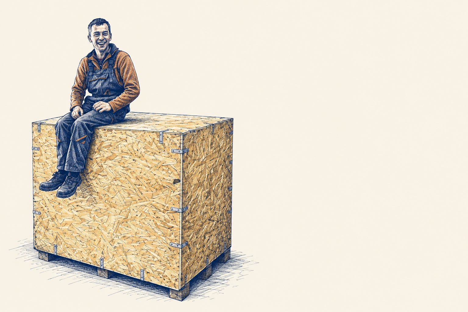 An illustration of Mack grinning on the first iStill 500 shipping crate, headed to New York