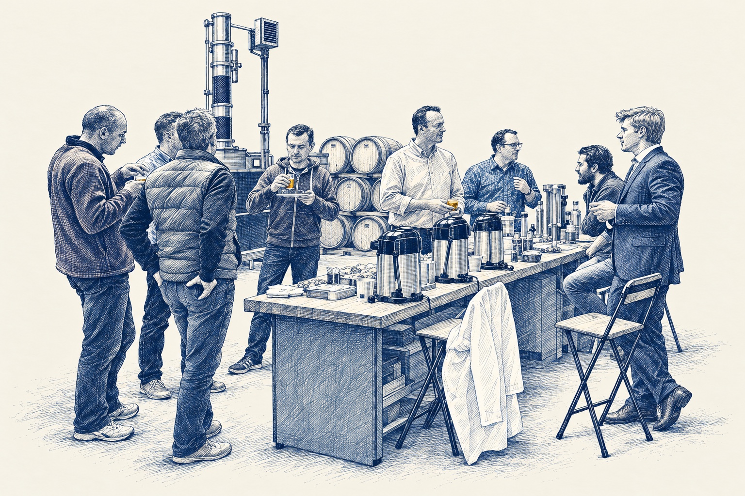 A real iStill University gathering reimagined as a drawing, showing distillers sharing drinks and ideas around the workbench